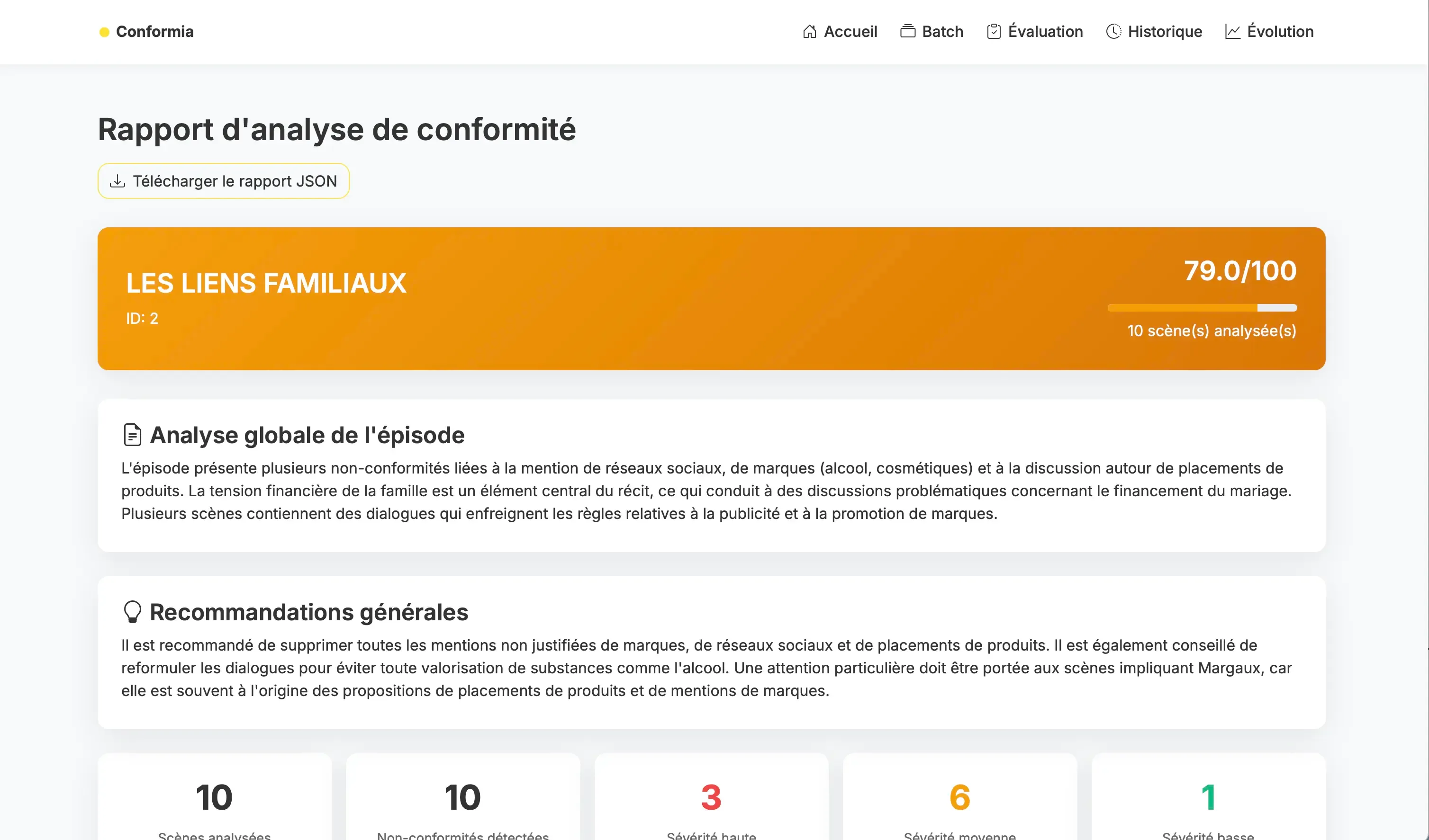 Conformia compliance report interface